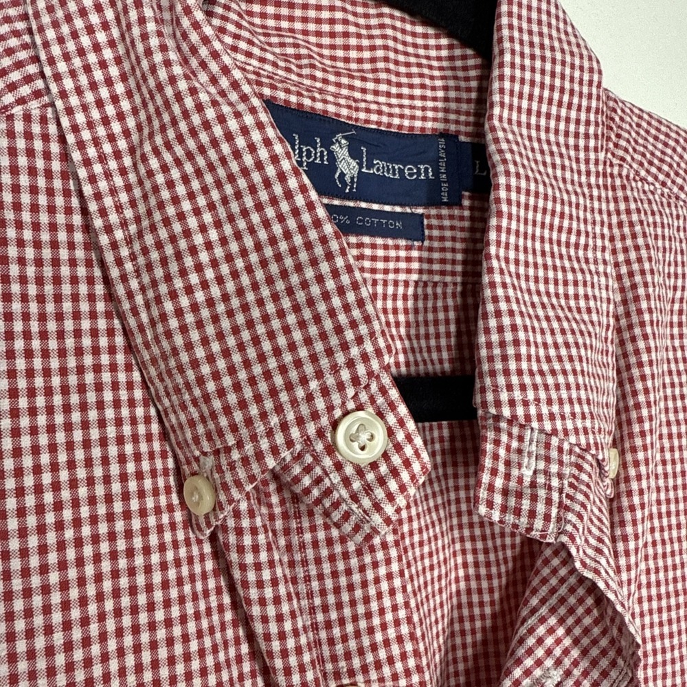 Ralph Lauren Blue Label VTG Shirt Mens L Red Checkered Slim Preppy Button Down - Picture 4 of 14